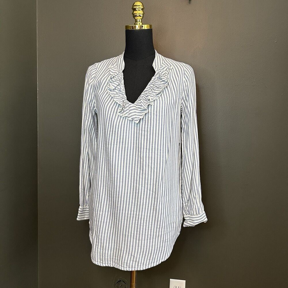 NWT Aerie Blue Stripe Ruffle V Neck Long Sleeve‎ Tunic Top XS